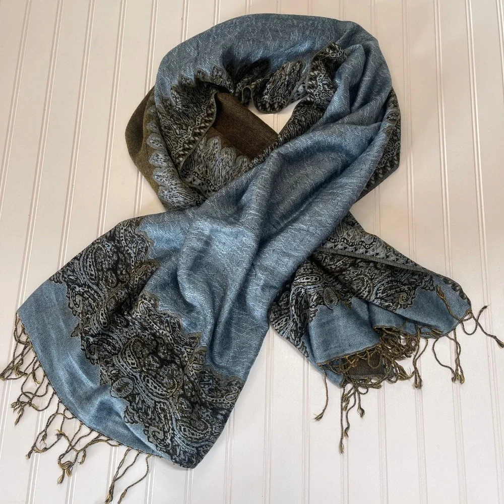 Pashmina Silk Blend Reversible Paisley Scarf Wrap Blue Olive Green Fringe